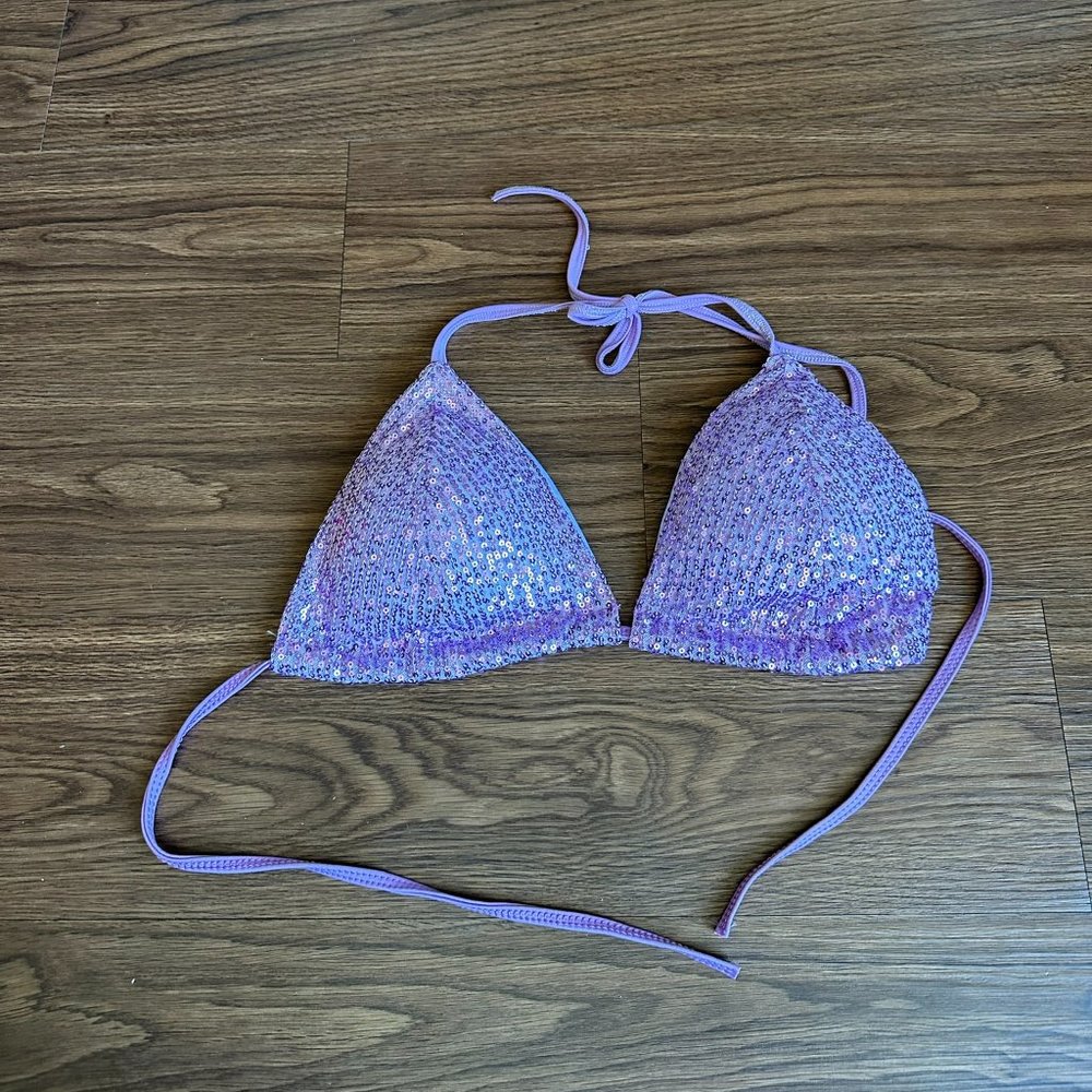 NEW Lavender / Light Purple Sequin Padded String Bikini Festival Top Shirt